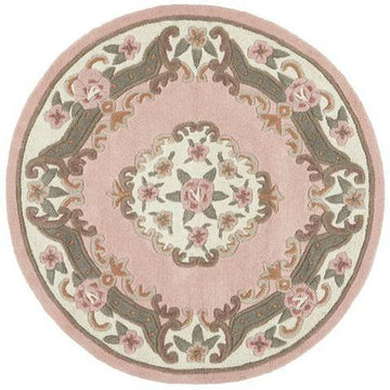 Shensi Traditional Floral Aubusson Medallion Border French-Style Hand-Carved Hi-Low Textured Soft Durable Wool Pink Round Rug-Origins-Rug Love - The Most Loved Rug Store